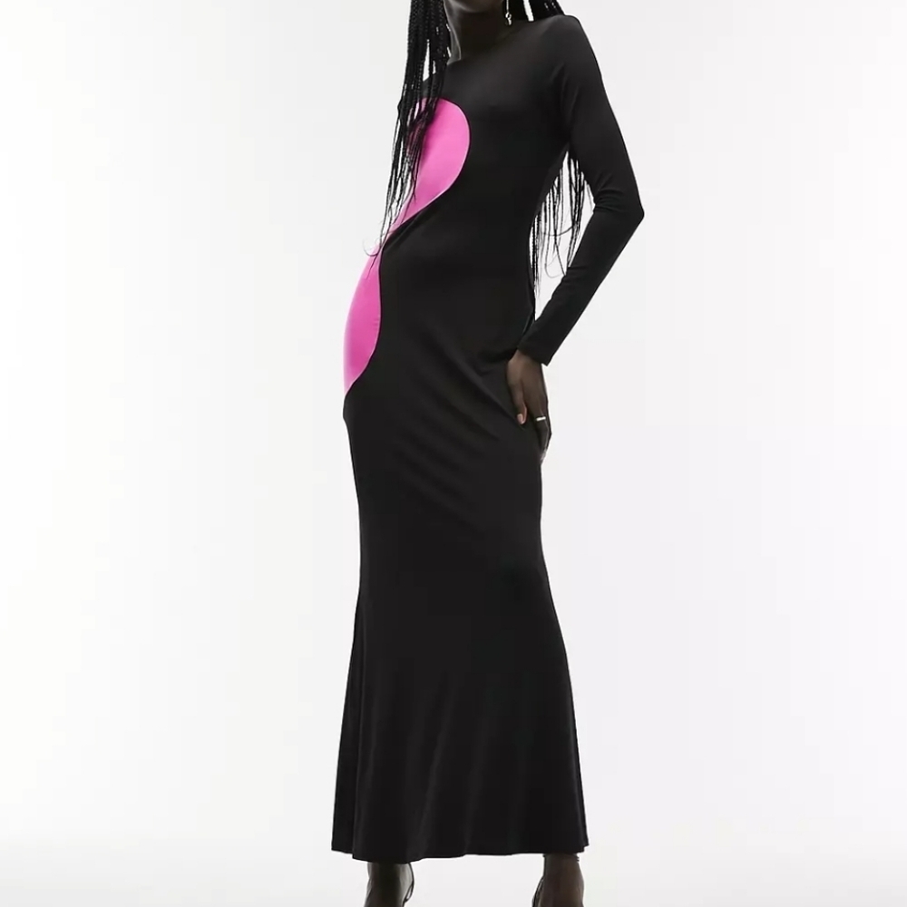 Topshop Women's Pink and Black Color block Swirl Jersey Maxi Dres…